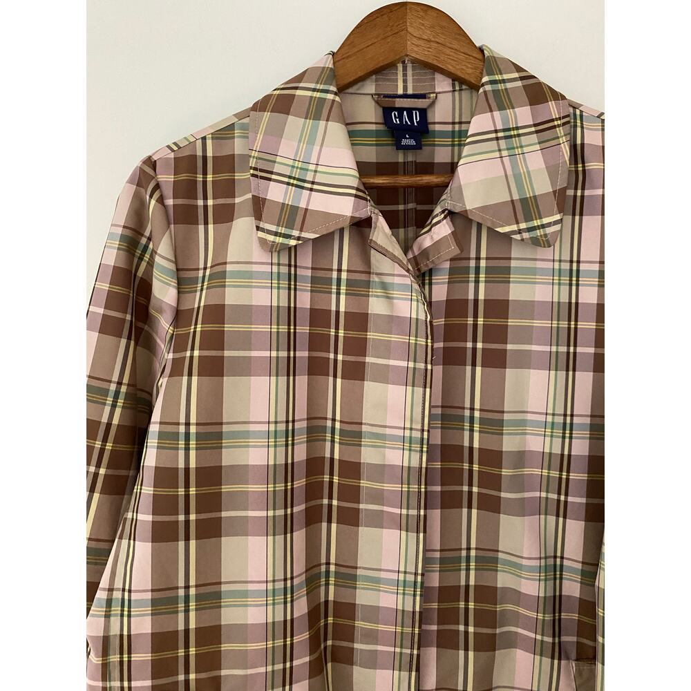 Gap Brown Pink Yellow Plaid Collared Jacket Midi Length Y2K 90s Windbreaker Rain - Picture 2 of 10